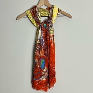 Colorful Lightweight Scarf with Peacock Feather and Animal Print Design